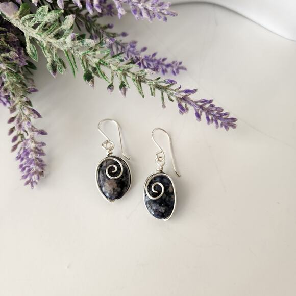 Blue Sodalite Stone Wire-wrapped Dangle Earrings / Minimalist Stone Earrings - Picture 4 of 11